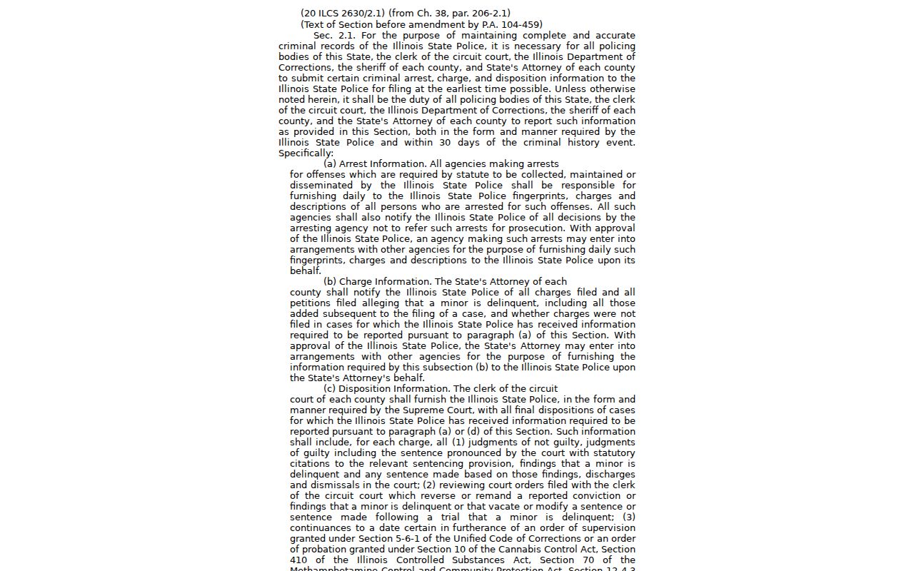 Illinois arrest disposition reporting duties in 20 ILCS 2630